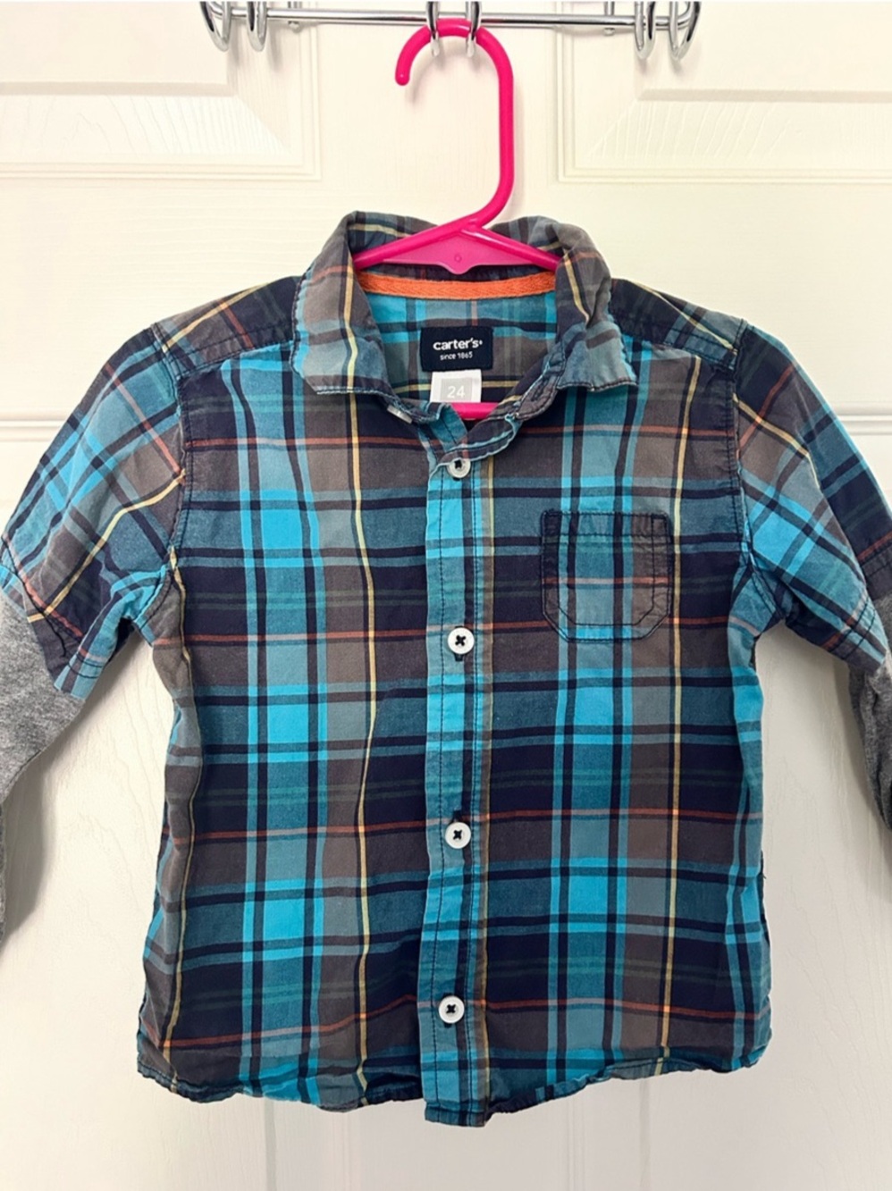 Baby Boys, Carter's, Blue Plaid Button Down Shirt w/ gray sleeves, 24 Months